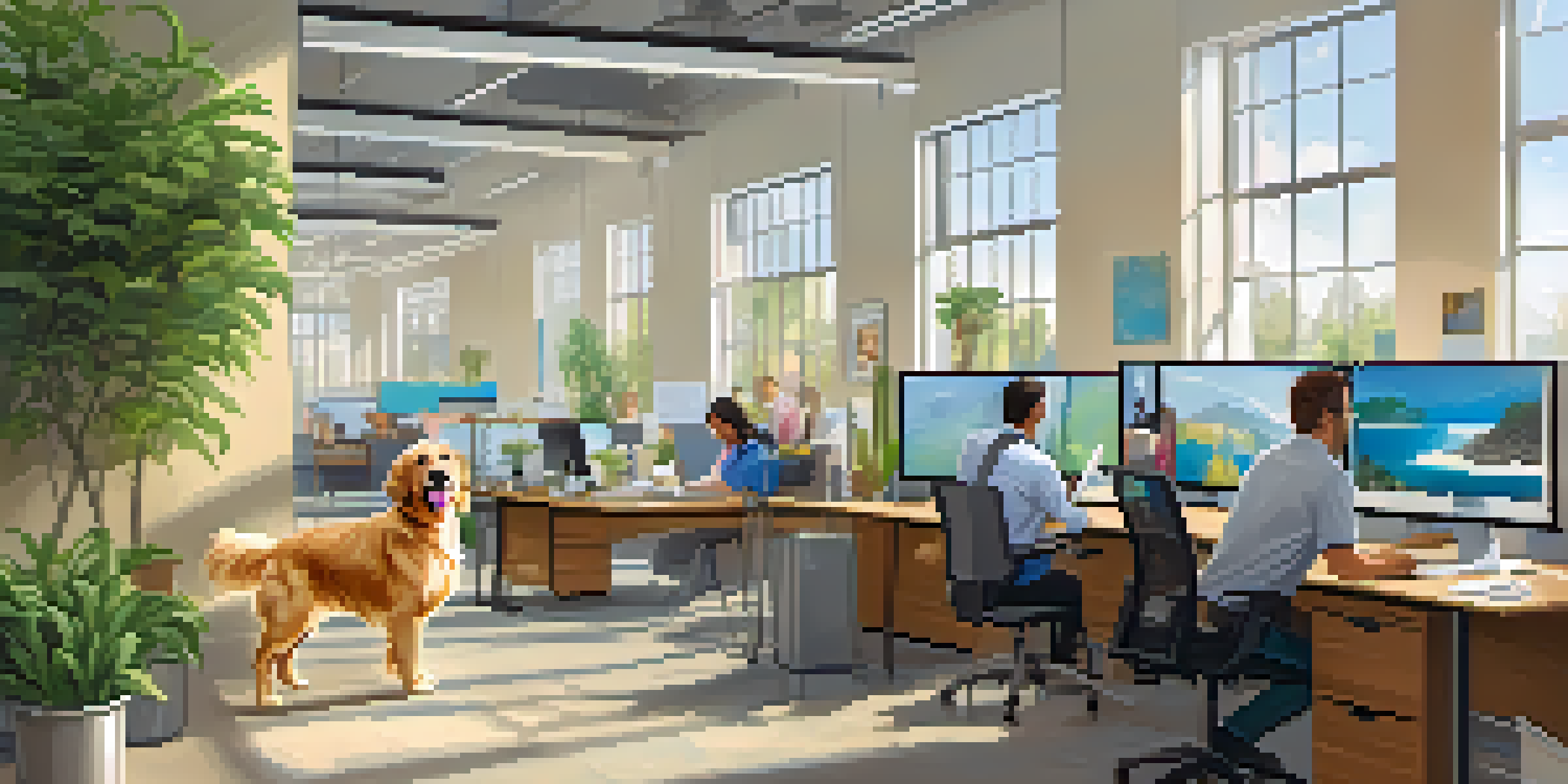 A bright office with a golden retriever by a desk, showcasing a lively pet-friendly workspace.