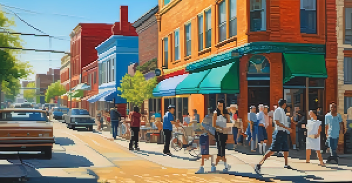A lively street showing both traditional shops and modern cafes, with sunlight creating shadows and people of different backgrounds interacting.