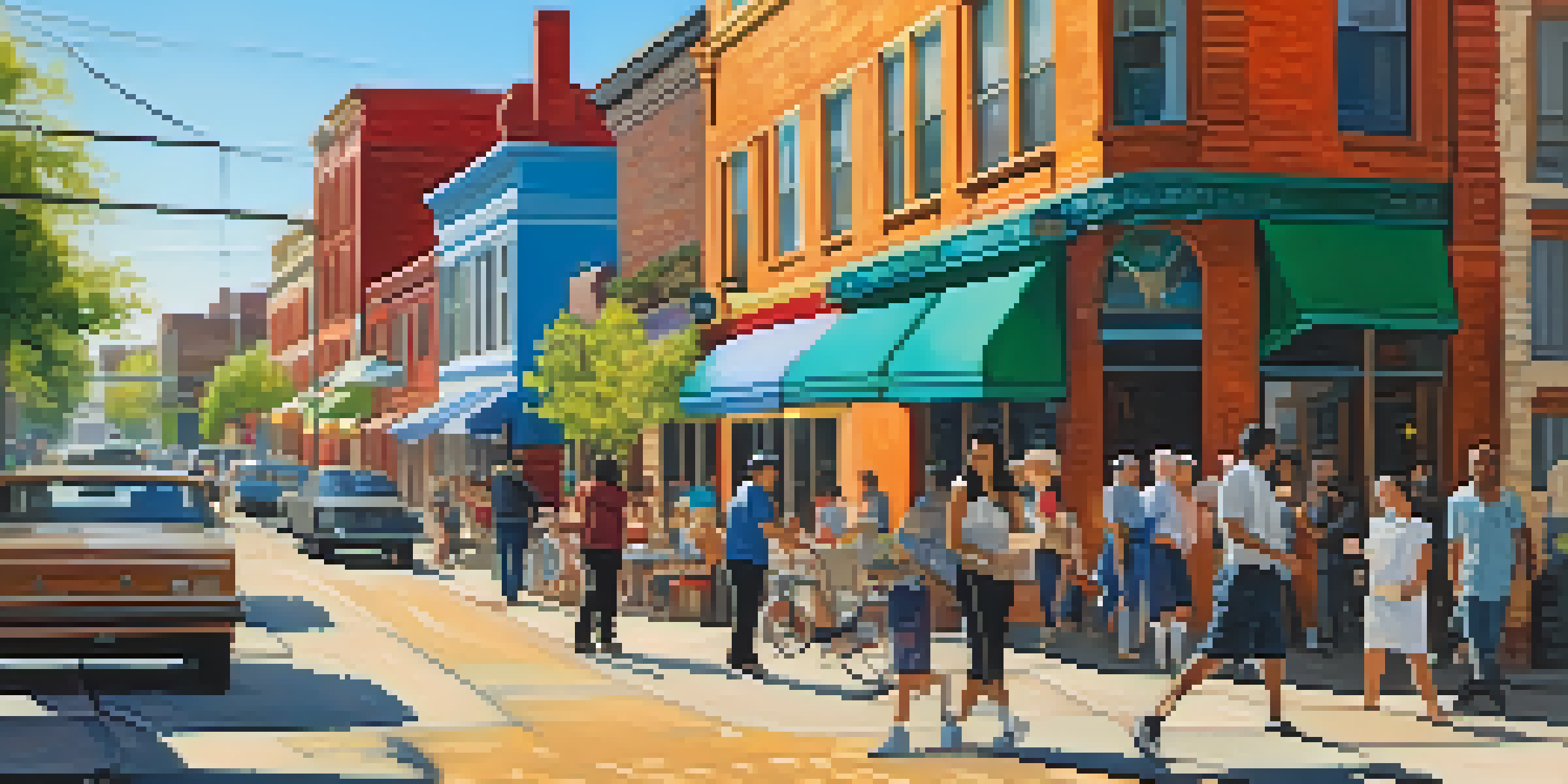 A lively street showing both traditional shops and modern cafes, with sunlight creating shadows and people of different backgrounds interacting.