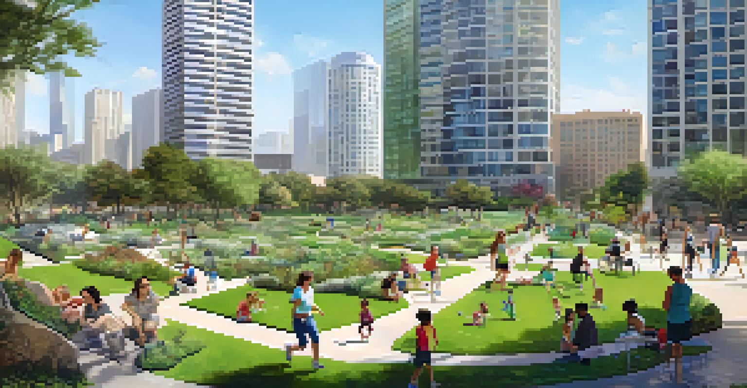 A lively urban park in Los Angeles with high-rise buildings and people enjoying outdoor activities.