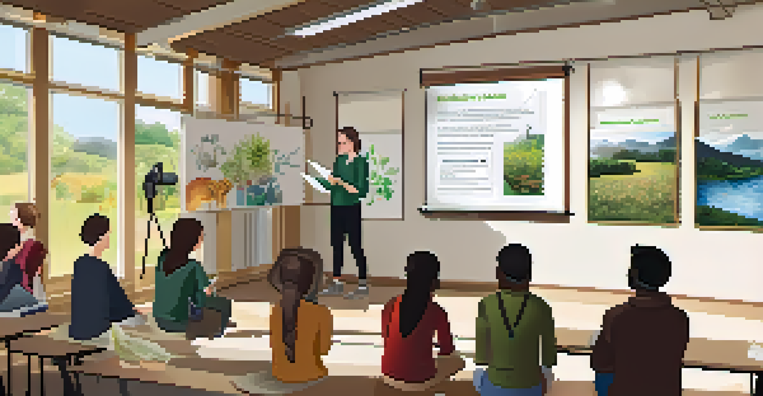 A workshop scene in a well-lit community center, with a local expert presenting sustainable practices to an attentive audience surrounded by posters on biodiversity.