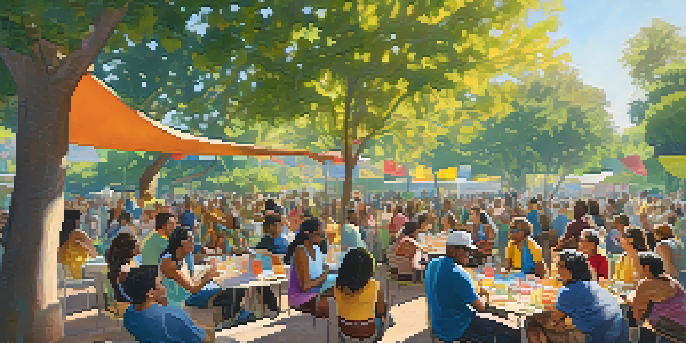 A diverse group of people gathered in a park in Los Angeles, discussing local initiatives under the sunlight.