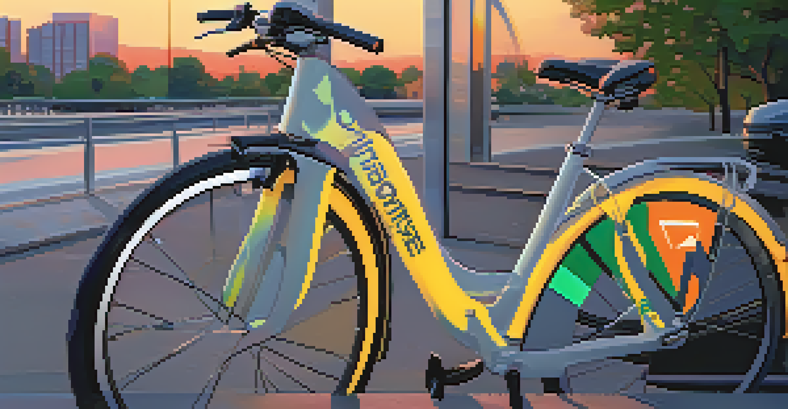 Close-up of a bike-sharing bike at a station with a smartphone showing a bike-sharing app, set against a scenic urban landscape.