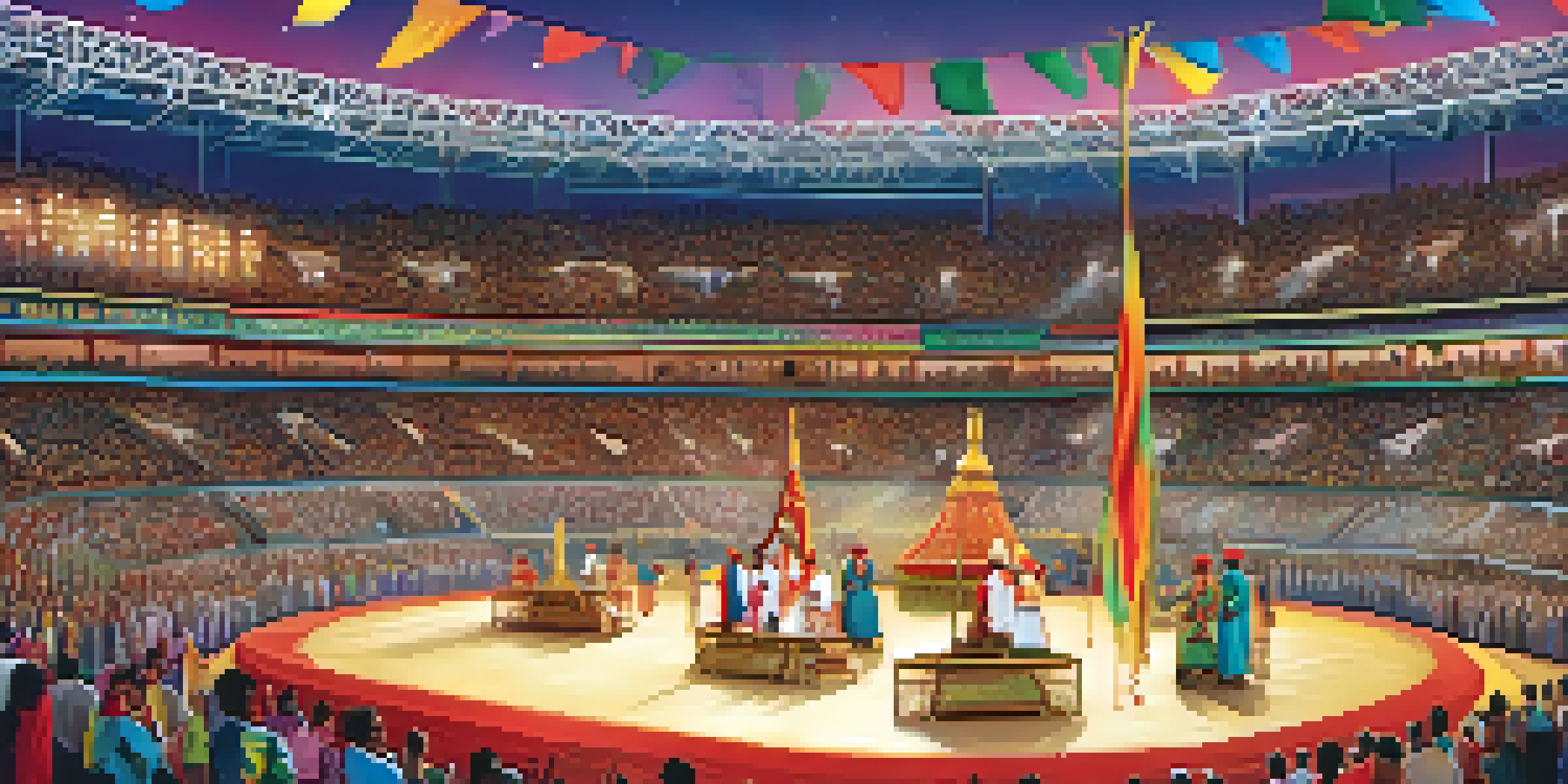A bustling sports stadium filled with fans in traditional attire, celebrating cultural heritage with live music and food stalls.
