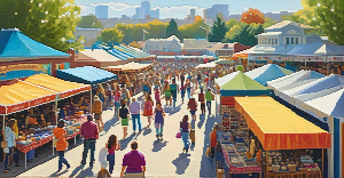 A lively craft fair with colorful tents and booths displaying handmade goods, surrounded by happy shoppers under a sunny sky.