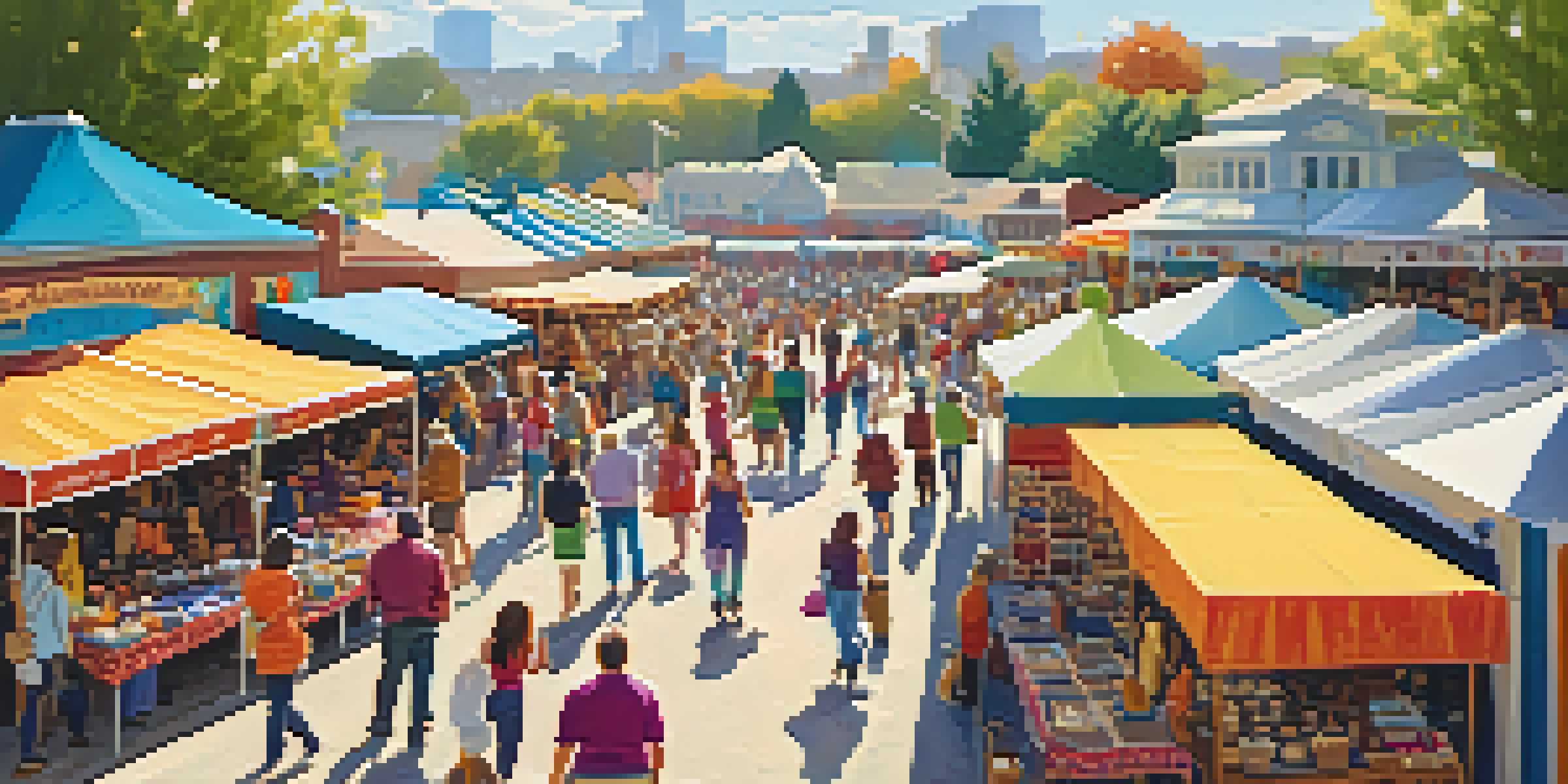 A lively craft fair with colorful tents and booths displaying handmade goods, surrounded by happy shoppers under a sunny sky.