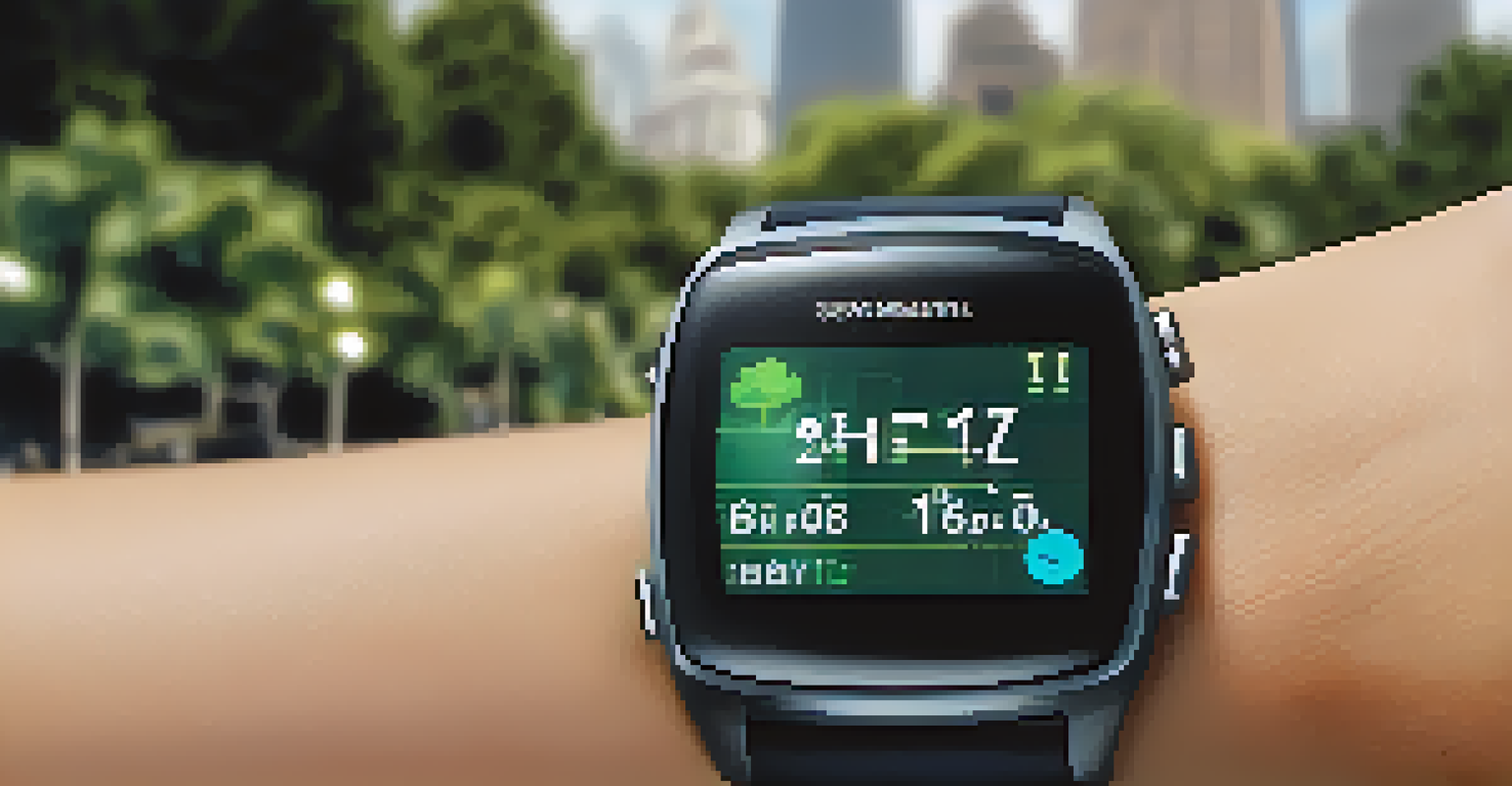 A close-up of a wearable health device displaying health metrics on a person's wrist, with a blurred urban park in the background.