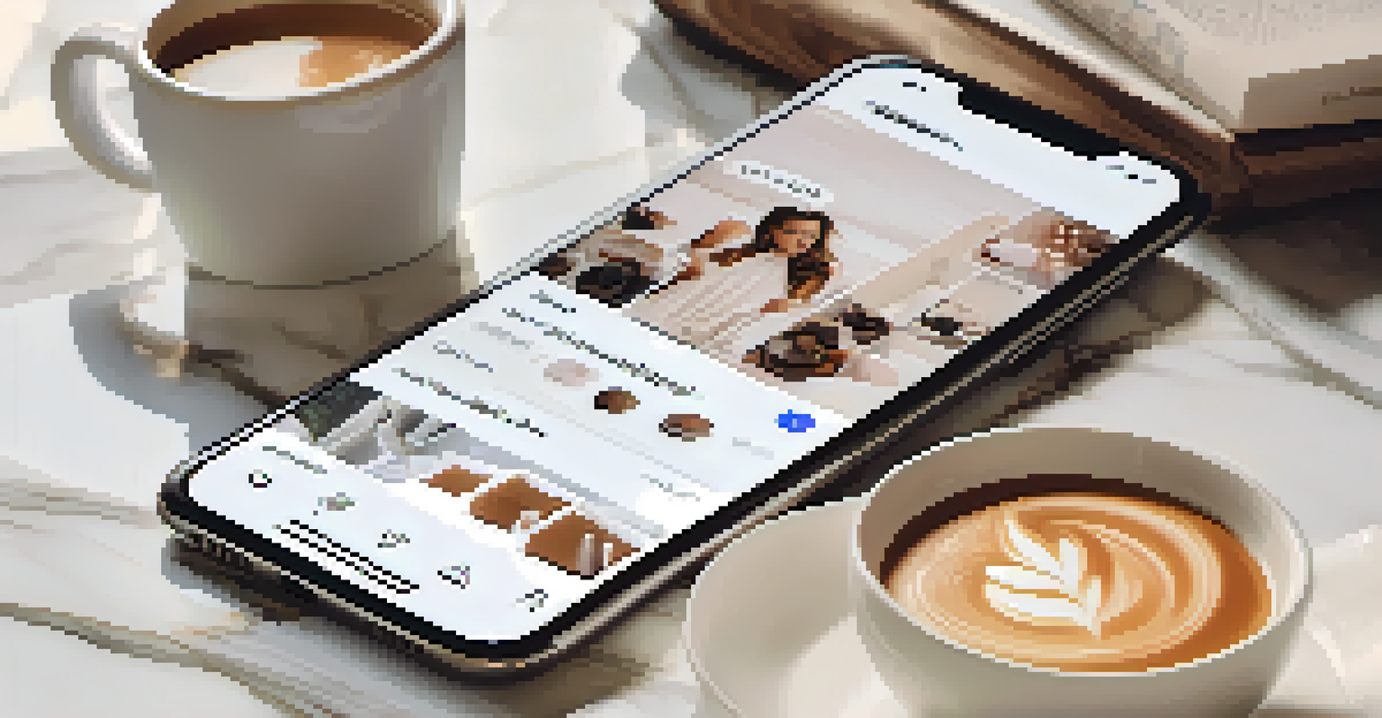 A close-up of a smartphone showing an influencer's Instagram profile with beauty products and a latte on a table.