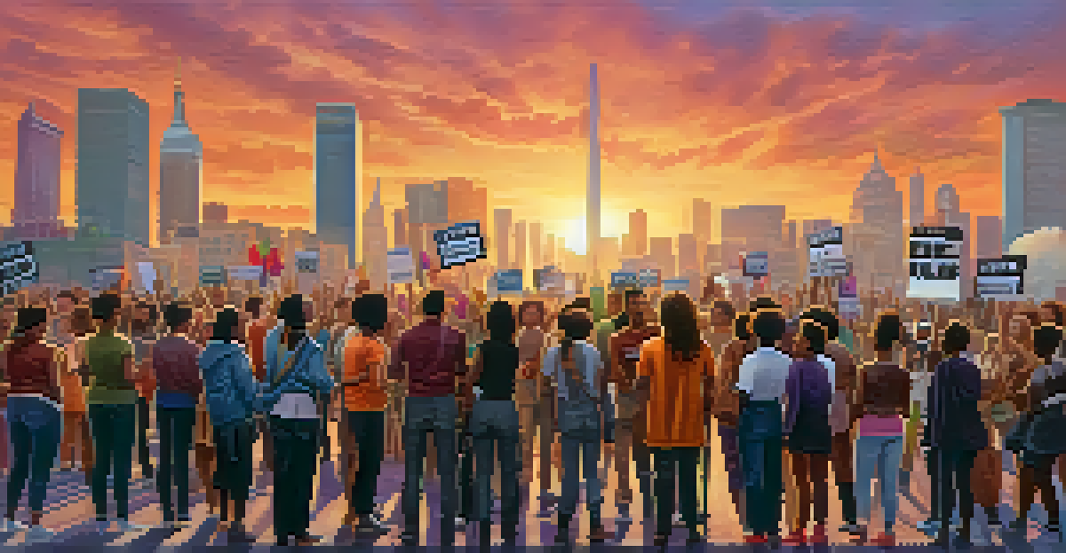 A diverse group of LGBTQ+ activists holding signs for equality against a city skyline during sunset, embodying determination and solidarity.