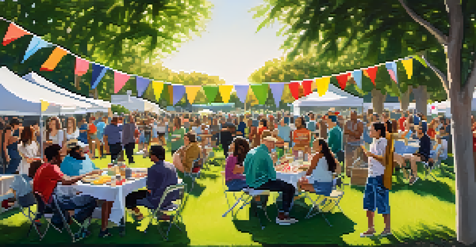 A diverse group of people enjoying a community event in a park, sharing stories and food with banners promoting local podcasts.