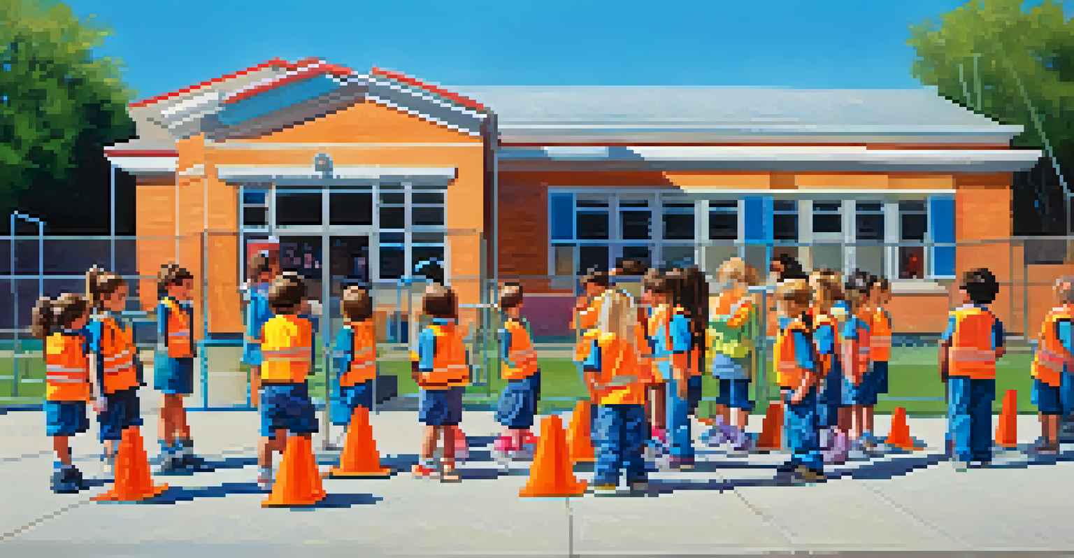 Children in bright safety vests practicing evacuation procedures outside their school during an emergency drill.