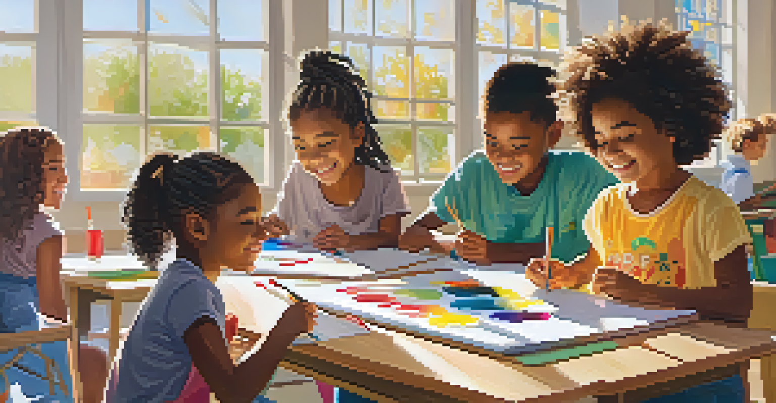 Children from diverse backgrounds engaged in an art class at a community center, painting on canvases with bright sunlight streaming through the windows.