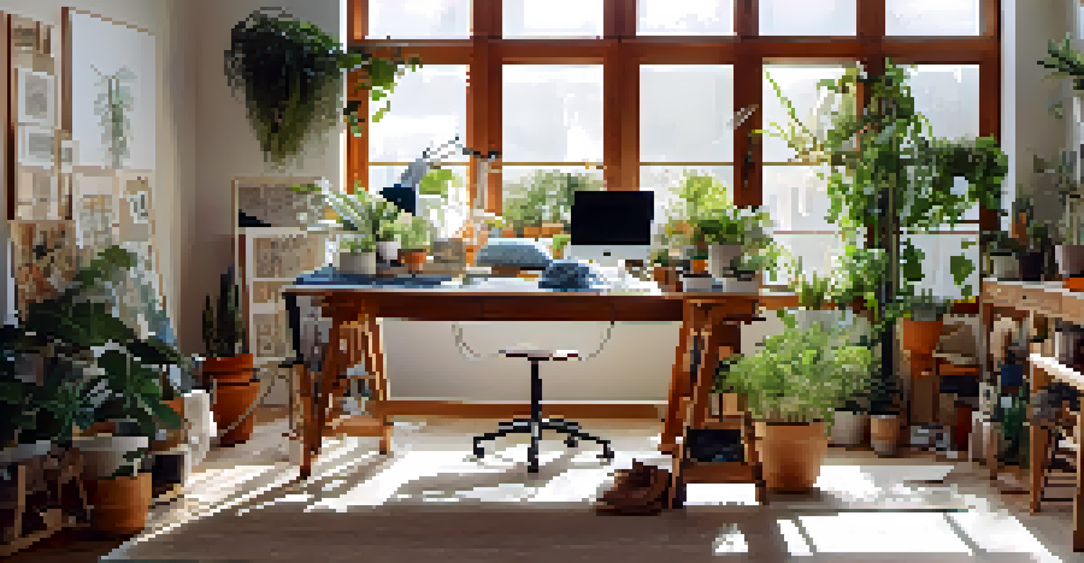 A designer's workspace in Los Angeles filled with sketches, organic fabric swatches, and plants, illuminated by natural light.