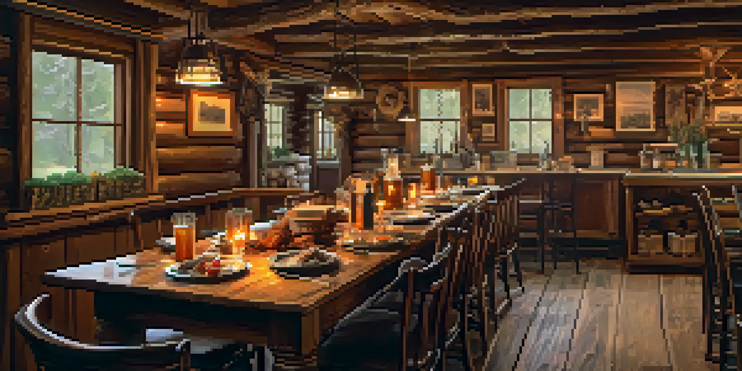 The interior of The Old Trapper's Lodge with rustic decor, warm lighting, and a dining table set for a meal.