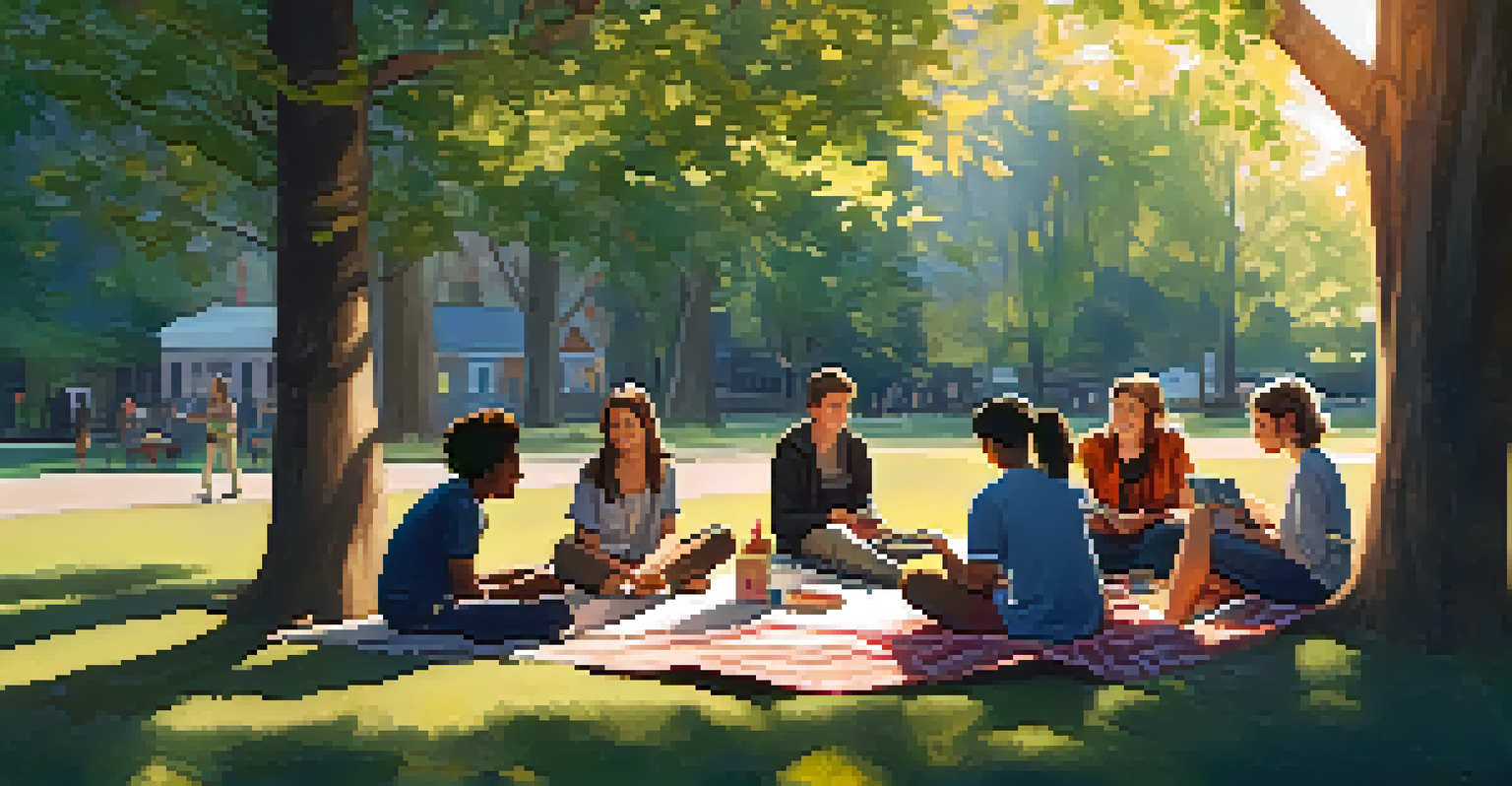 A community storytelling circle in a park with young people sharing stories on blankets, surrounded by nature and bathed in soft afternoon light.