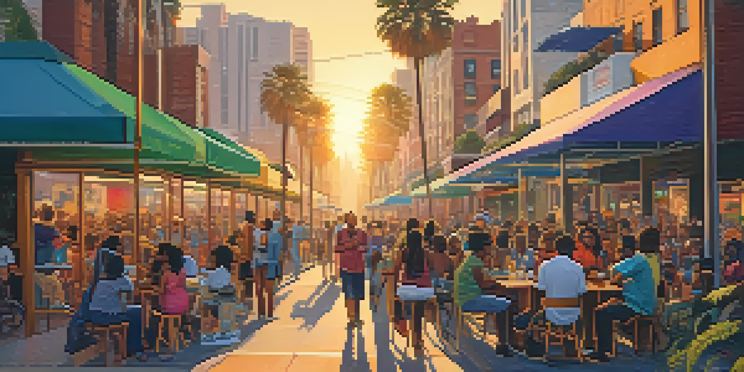 A lively Los Angeles street scene with diverse individuals listening to podcasts, surrounded by colorful posters and palm trees at sunset.