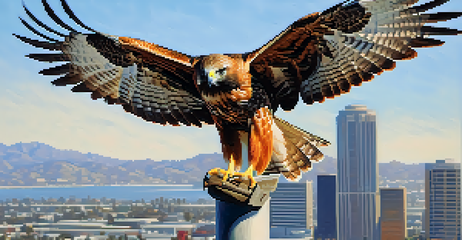 A red-tailed hawk on a lamppost with the city in the background.