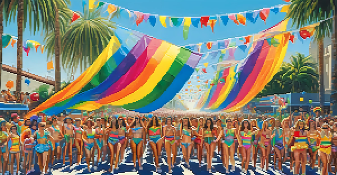 A lively Pride parade in Los Angeles with colorful floats, participants in vibrant costumes, and a cheering crowd against a sunny backdrop.