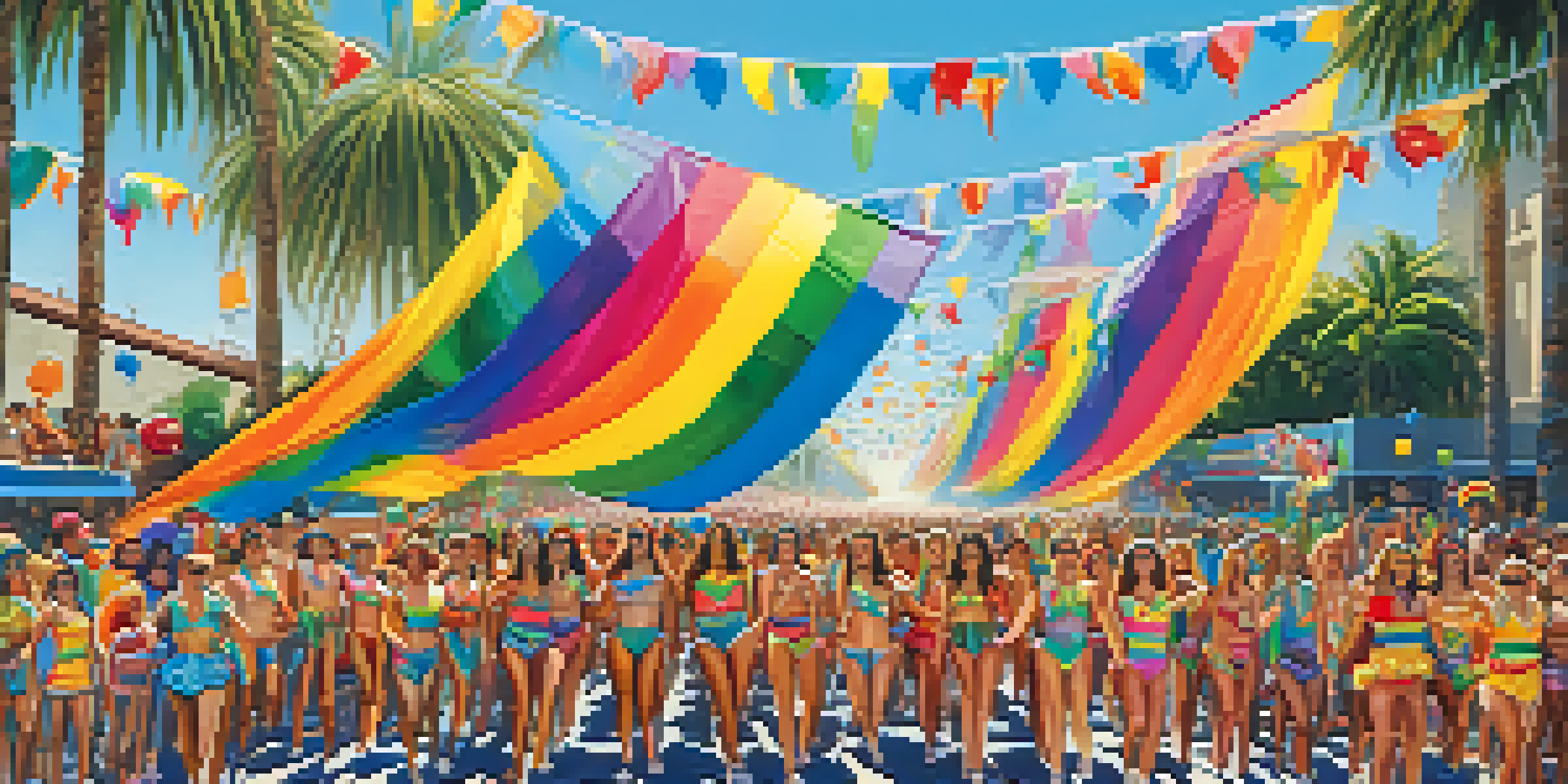 A lively Pride parade in Los Angeles with colorful floats, participants in vibrant costumes, and a cheering crowd against a sunny backdrop.