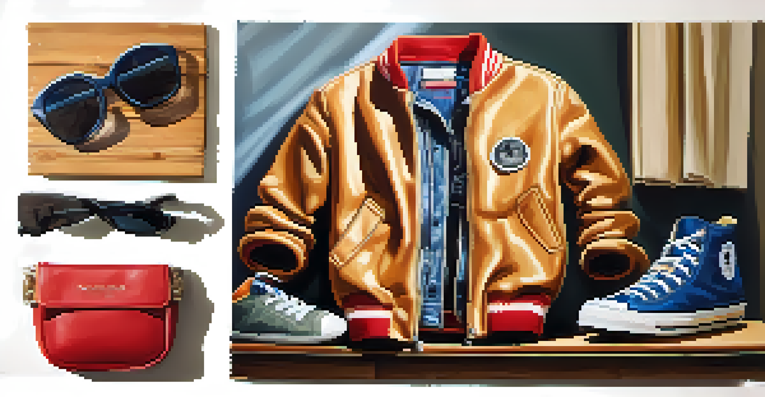 A stylish outfit on a wooden table, blending high-end and street fashion with recycled accessories.