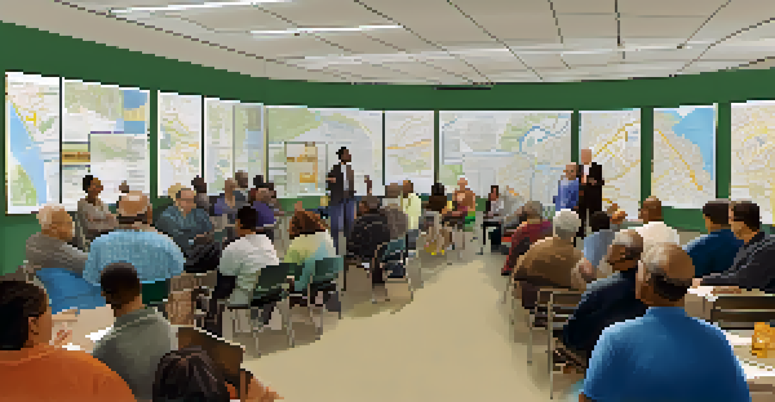 A community meeting discussing public transit improvements, with diverse residents engaged in conversation in a community center setting.
