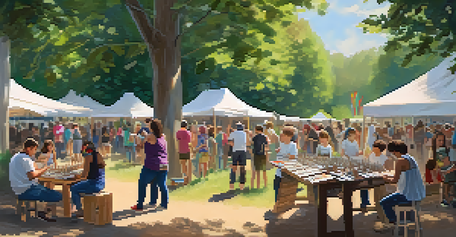 A workshop at a music festival with local artists and participants engaged in creative activities under tree shade.