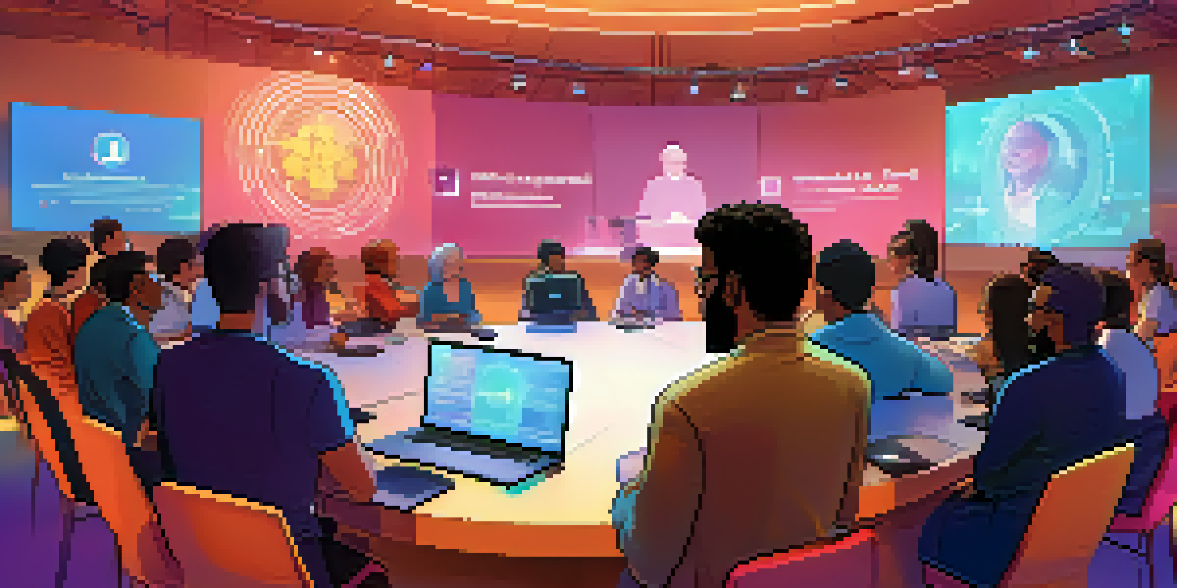 A diverse group of citizens engaged in a digital town hall meeting, discussing blockchain technology with laptops and a large screen in the background.