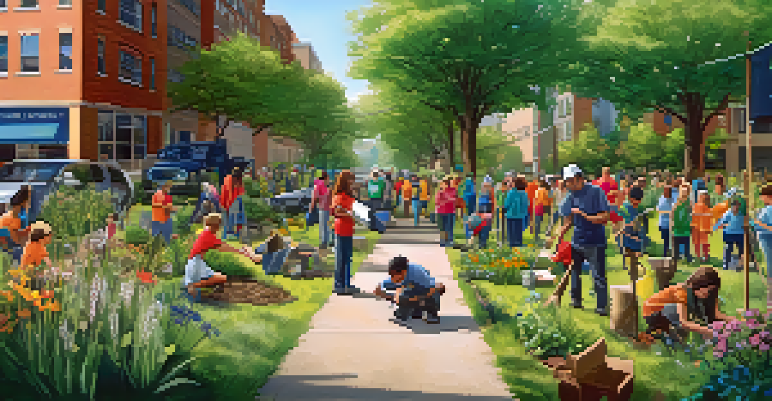 Volunteers planting trees and flowers in an urban wildlife corridor, with a banner about wildlife protection in the background.