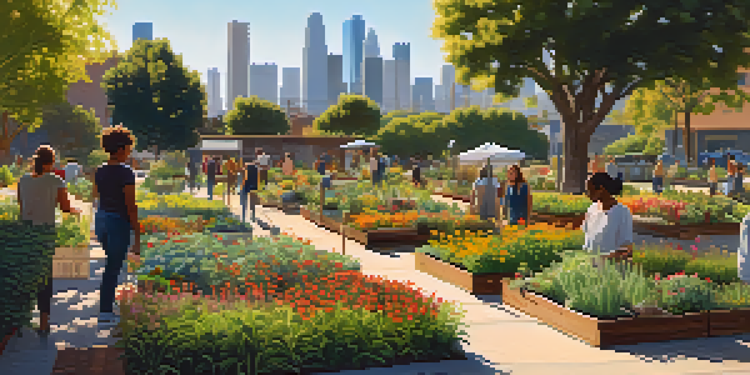 A community garden in Los Angeles with diverse plants and volunteers working under warm sunlight, with a city skyline in the background.