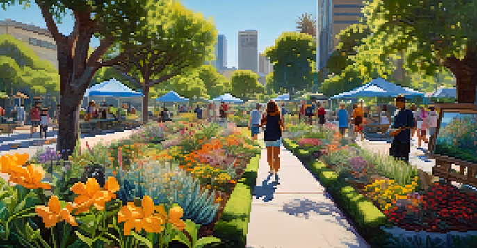 A lively urban park in Los Angeles with diverse native plants and flowers, featuring people engaging in community planting activities under a clear blue sky.