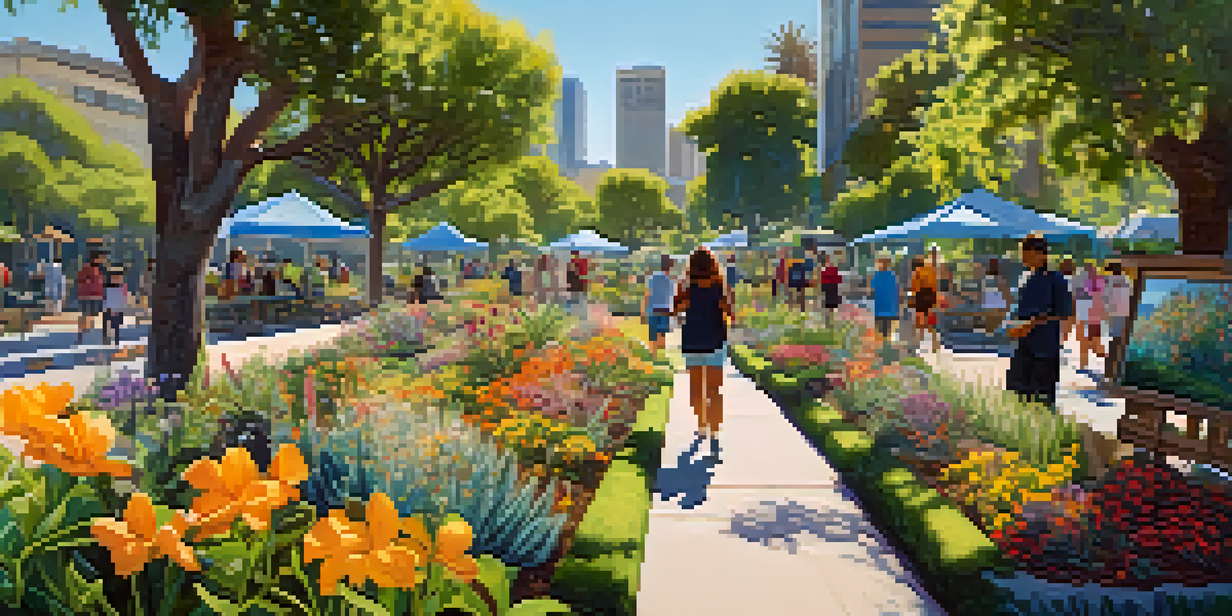 A lively urban park in Los Angeles with diverse native plants and flowers, featuring people engaging in community planting activities under a clear blue sky.