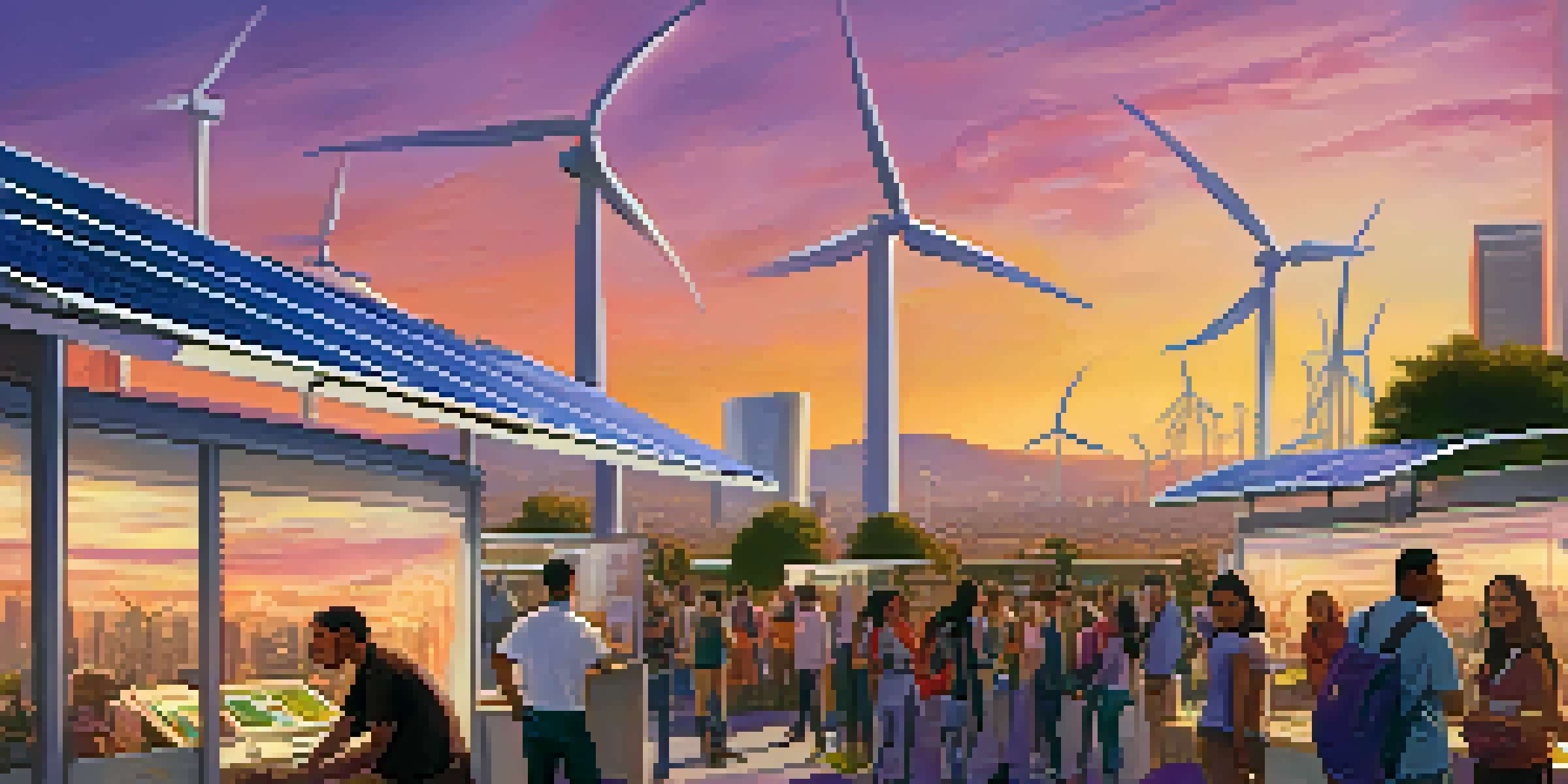 A sunset view of Los Angeles with solar panels and wind turbines, featuring a community event about renewable energy.