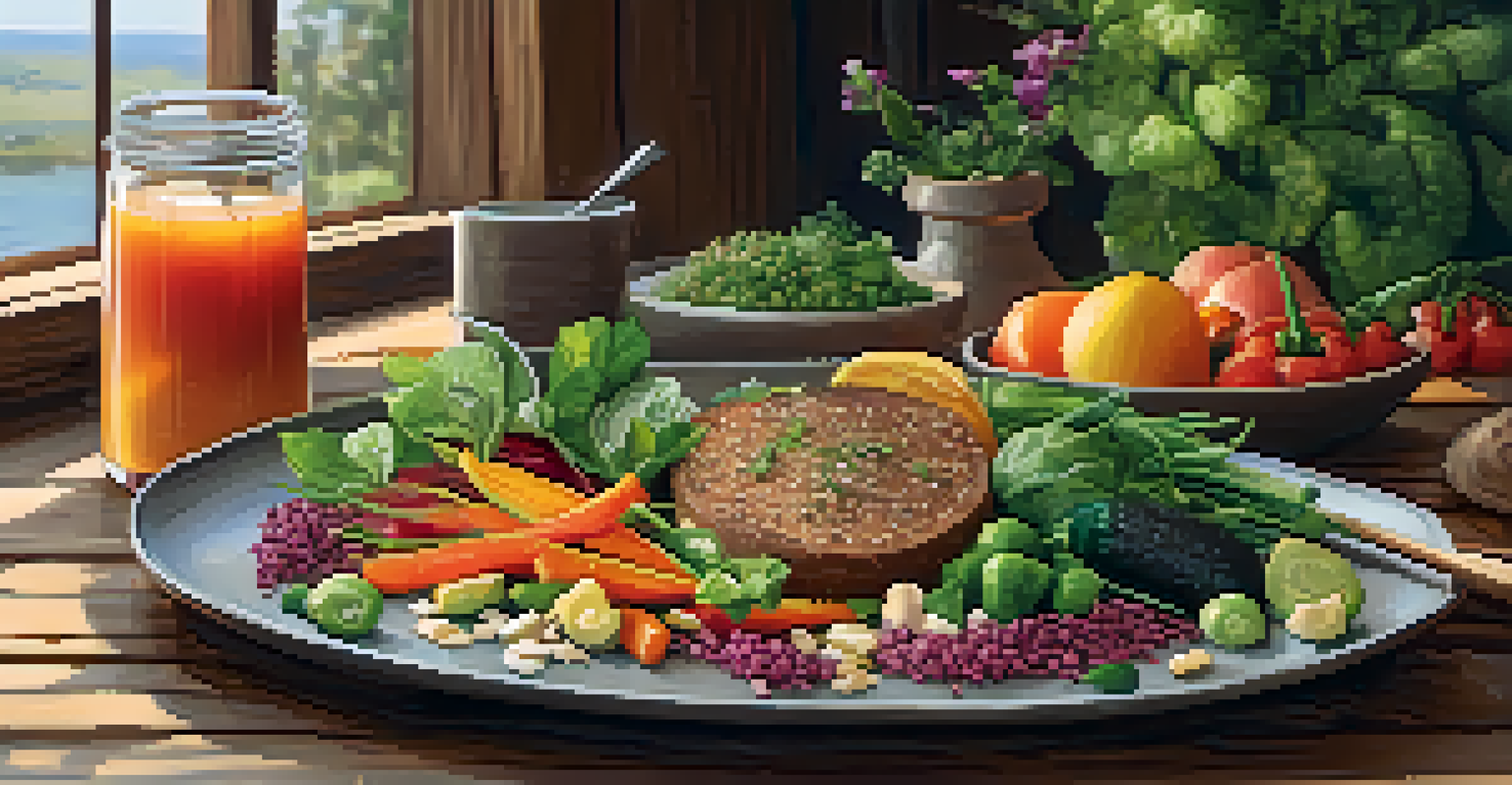 A colorful plant-based meal displayed on a wooden table, featuring fresh vegetables and grains, with a glass of juice nearby.