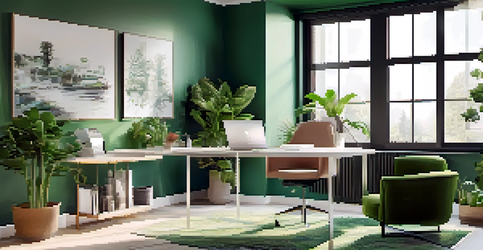 A modern home office with a desk, laptop, ergonomic chair, and plants, illuminated by natural light.