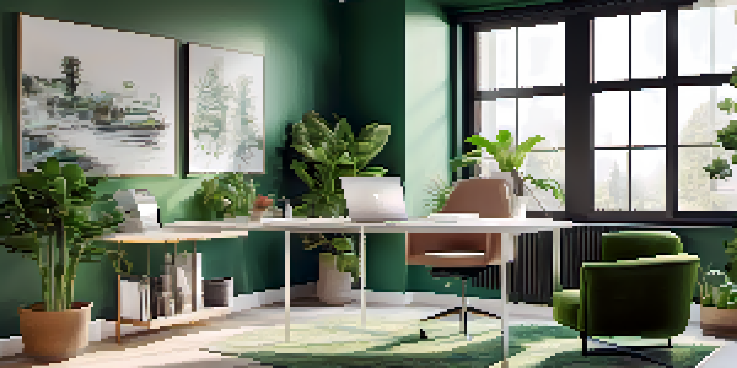 A modern home office with a desk, laptop, ergonomic chair, and plants, illuminated by natural light.