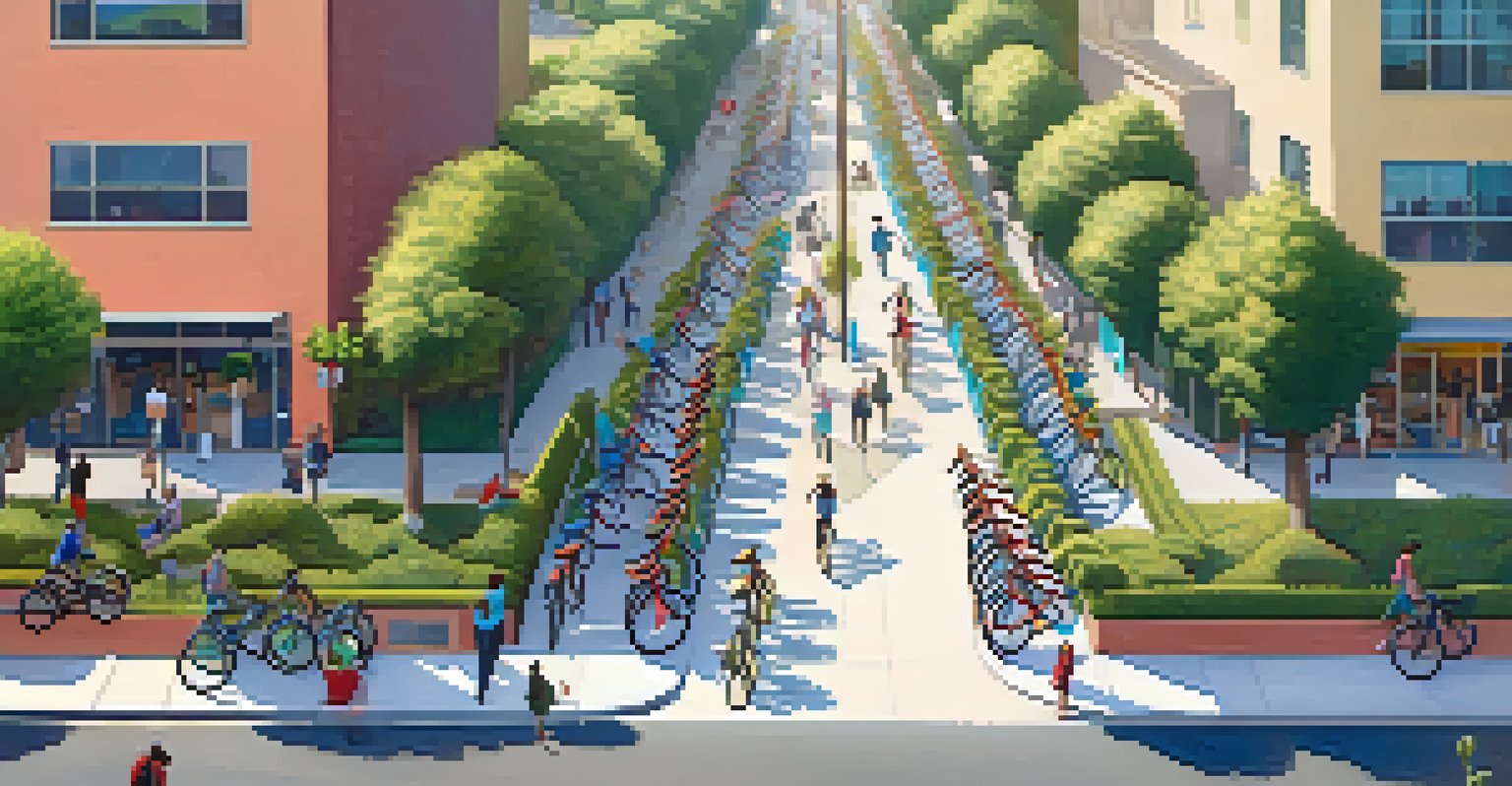 Aerial view of a bike-sharing station in a Los Angeles neighborhood, with colorful bikes and people around.