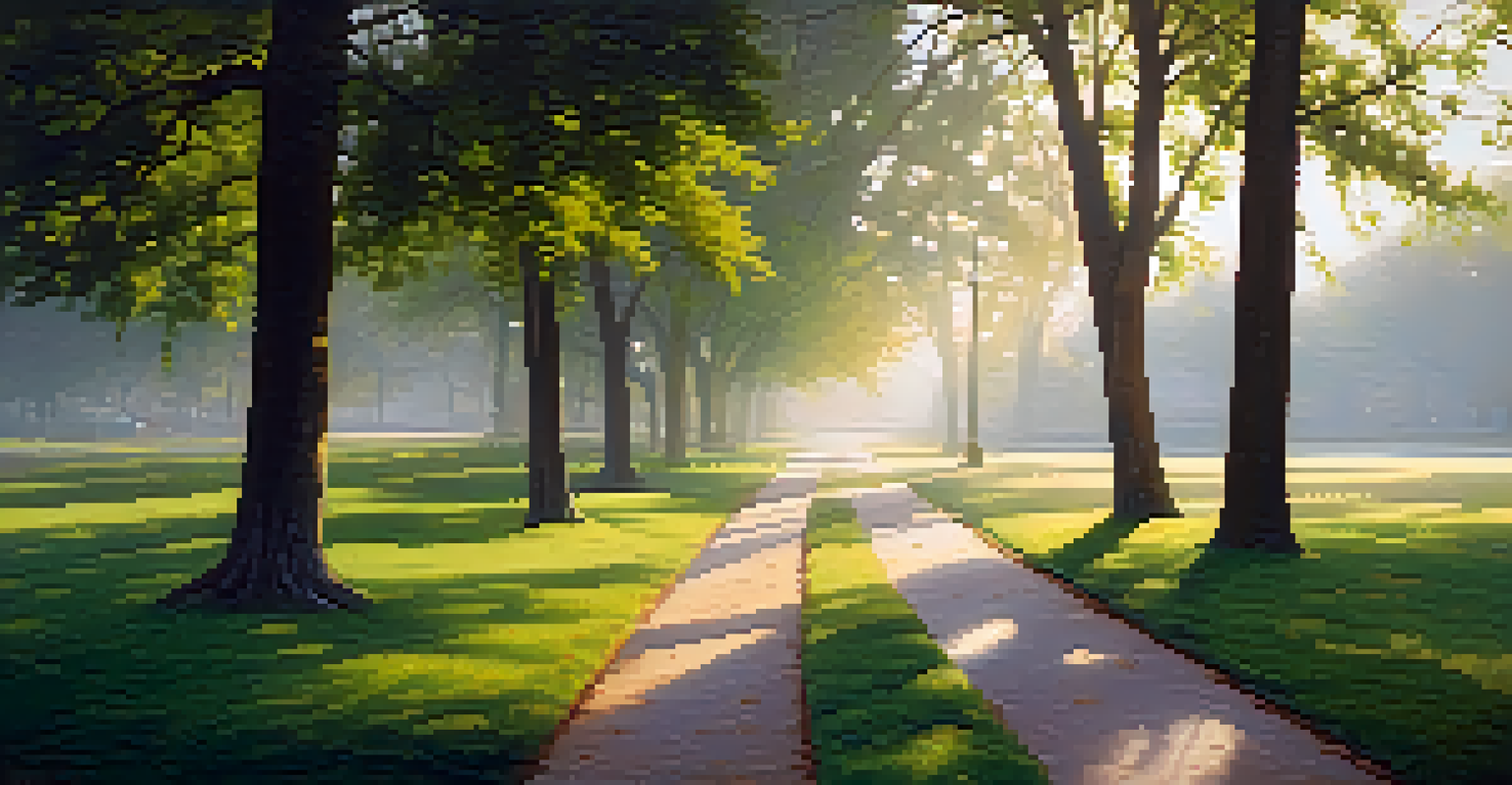 A quiet urban park in the early morning with dew-covered grass and soft mist, illuminated by sunlight filtering through the trees.