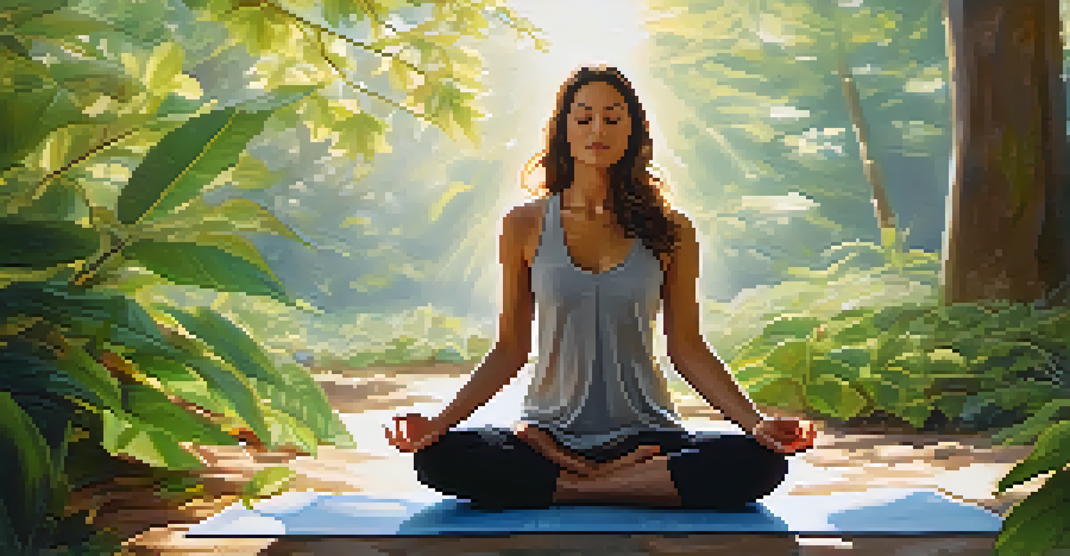 A person sitting cross-legged on a yoga mat outdoors, practicing breathwork with a focused expression.