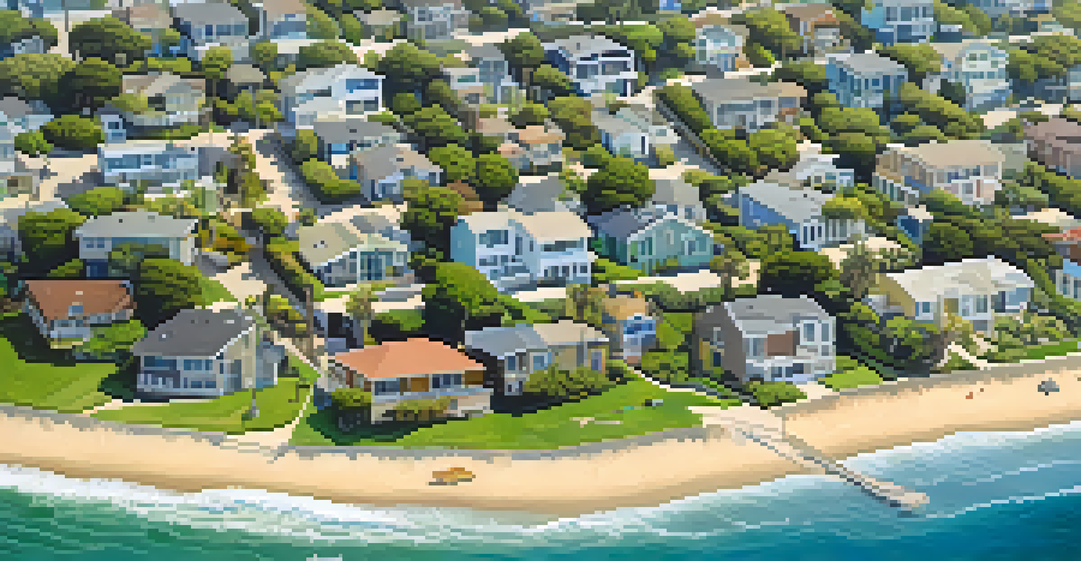 An aerial view of a coastal community in Los Angeles, showing homes near the shoreline and rising sea levels, under a clear blue sky.