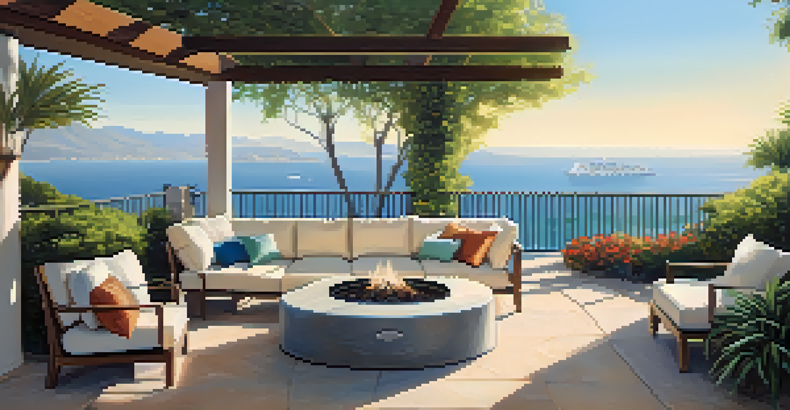 A cozy outdoor patio with comfortable seating, a fire pit, and lush plants, capturing the essence of California living with warm sunlight.