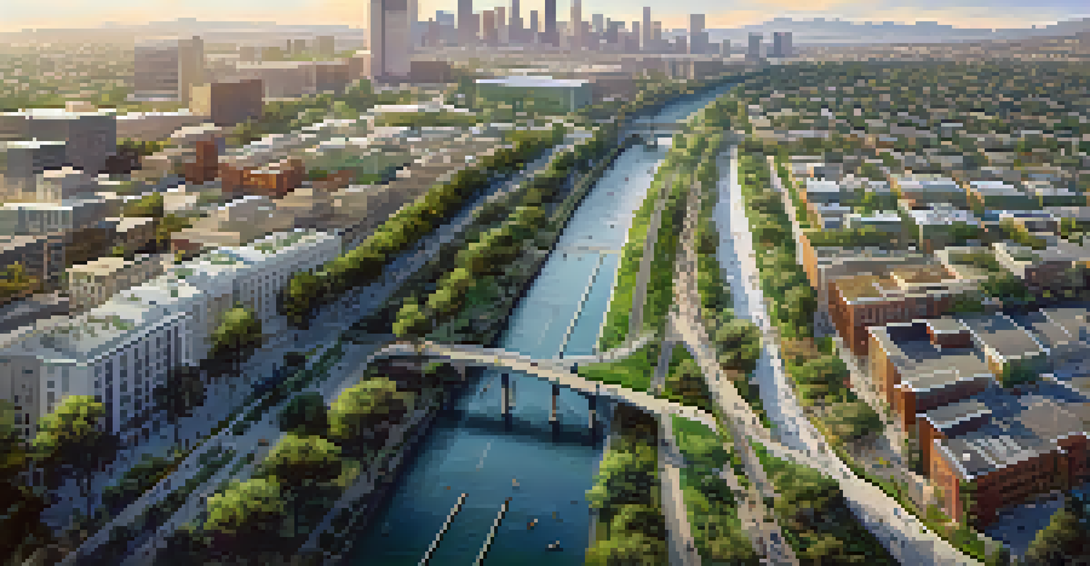 An aerial perspective of the green corridor along the Los Angeles River, showcasing nature and urban life harmoniously coexisting.