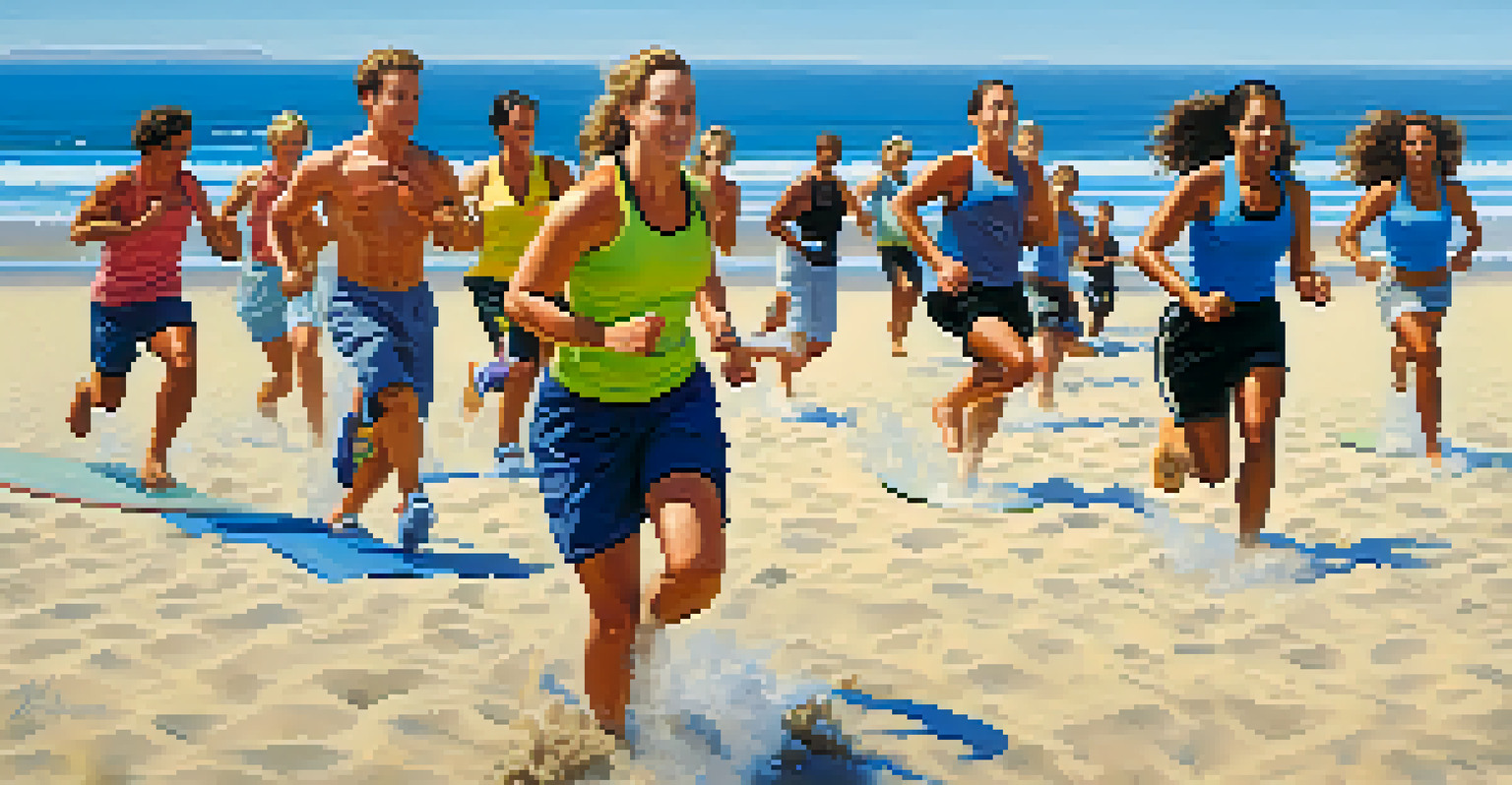 A group of people participating in a high-intensity boot camp workout on the beach, with the ocean in the background and bright blue sky.