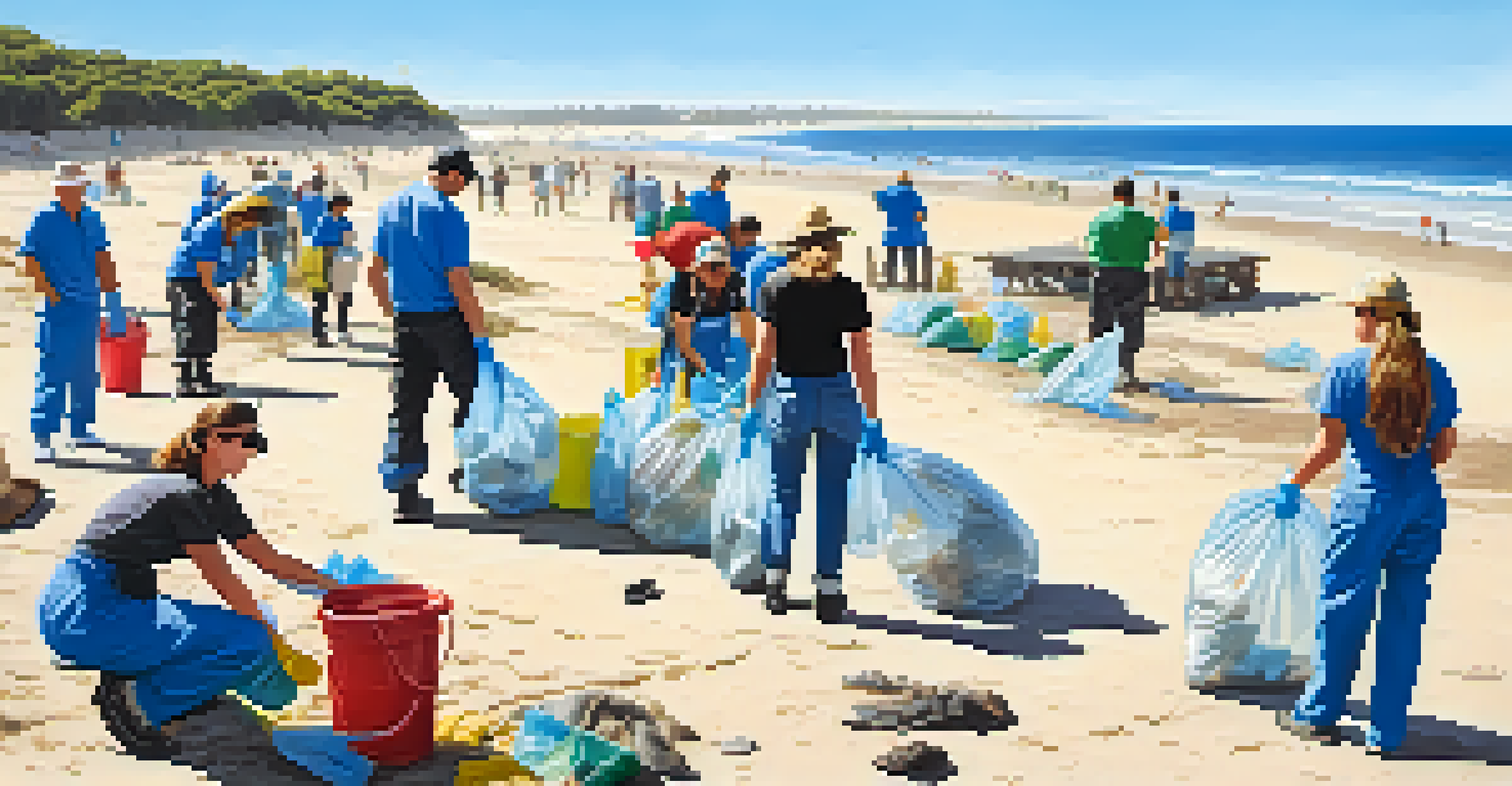 Volunteers participating in a beach clean-up event, collecting trash along the shoreline with a beautiful ocean view.