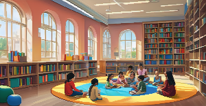 Children in a library storytelling session, surrounded by books and a librarian.