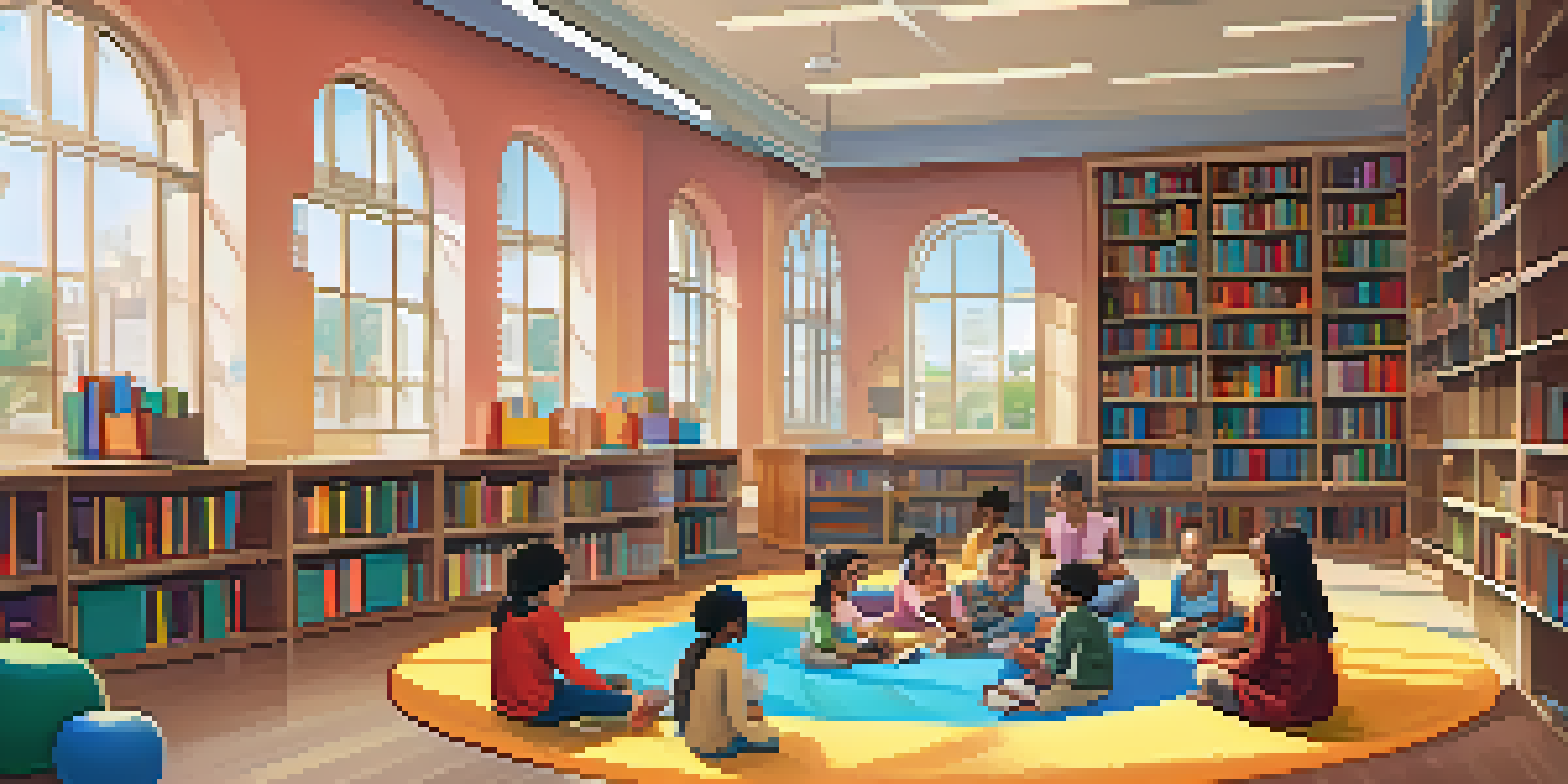 Children in a library storytelling session, surrounded by books and a librarian.