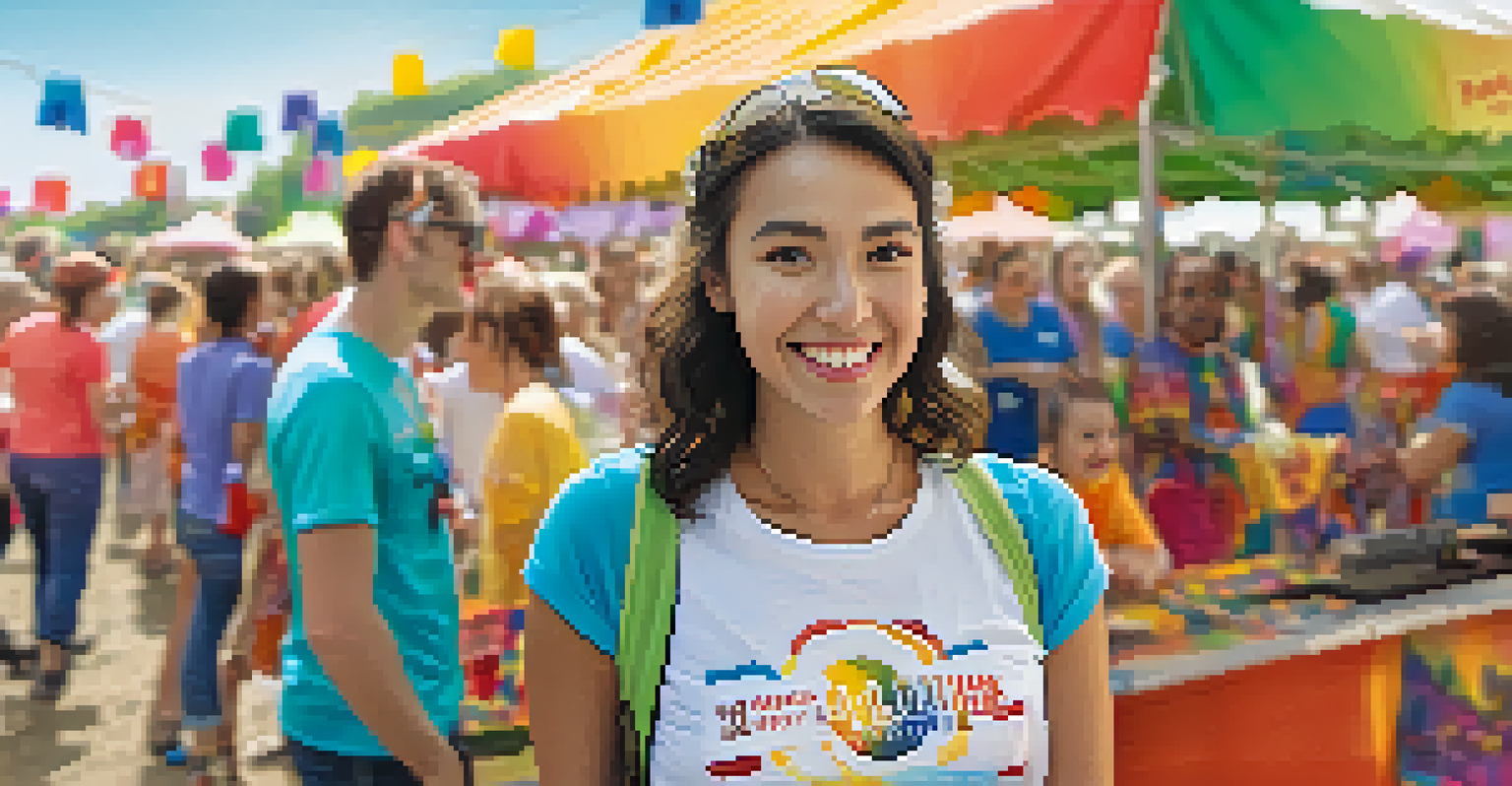 A smiling volunteer at an information booth during a music festival, with colorful decorations and a lively crowd in the background.