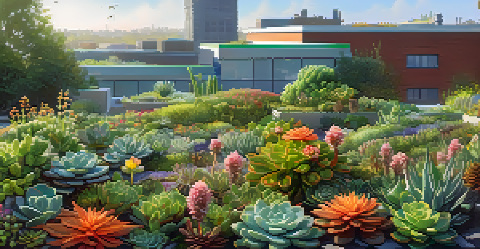 Close-up of a green roof garden with diverse plants and a bee pollinating a flower, glistening in morning light.