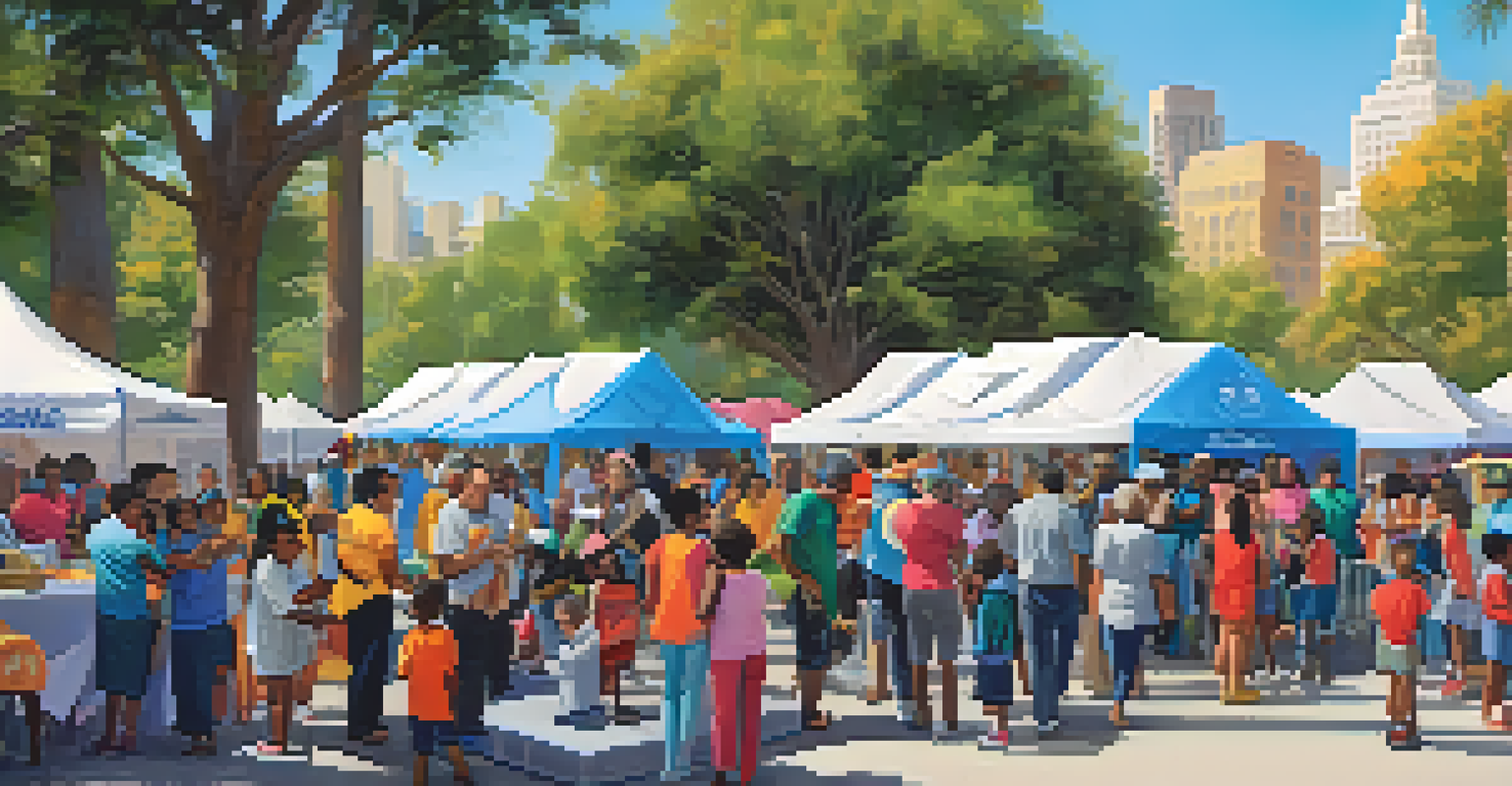 A community health fair in Los Angeles with a mobile vaccination unit, families, and volunteers engaging in a lively outdoor park setting.