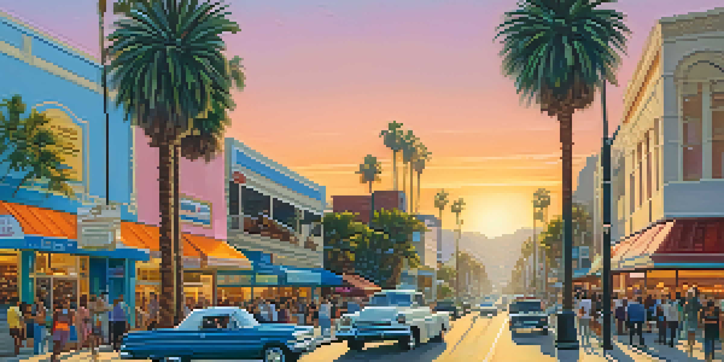 A lively street scene on Sunset Boulevard with palm trees, musicians, and colorful shops, illuminated by warm golden hour sunlight.