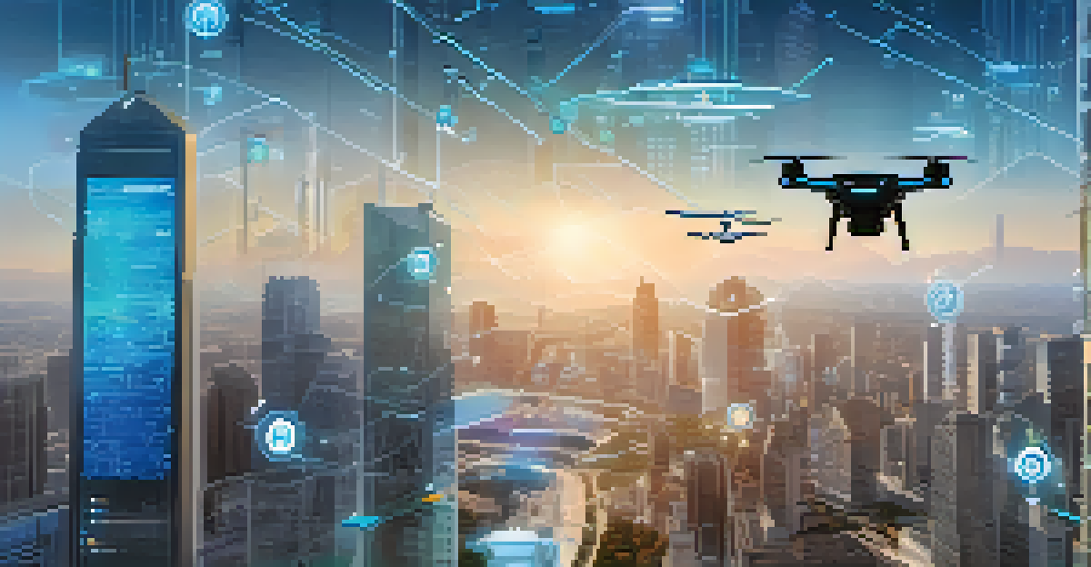 A futuristic city scene with IoT devices and drones monitoring environmental conditions, showcasing modern architecture and digital alerts.